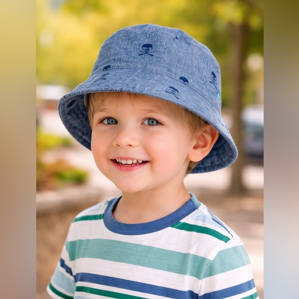 Chambray Skull & Crossbones Bucket Hat | Blue Cotton Blend | One Size Fits Most